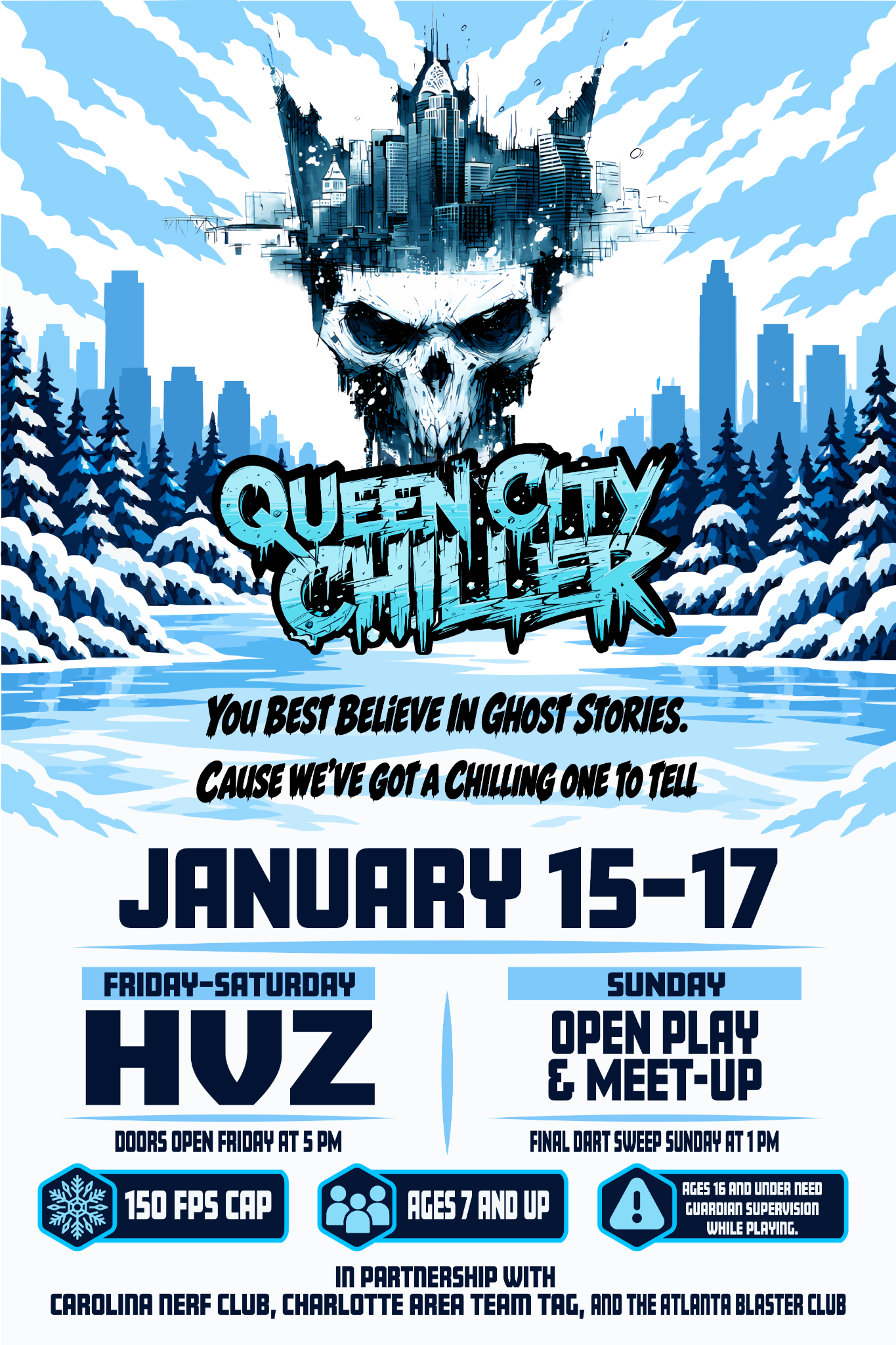 A skull crowned by the Charlotte skyline above snowy pine trees and the Queen City Chiller title
